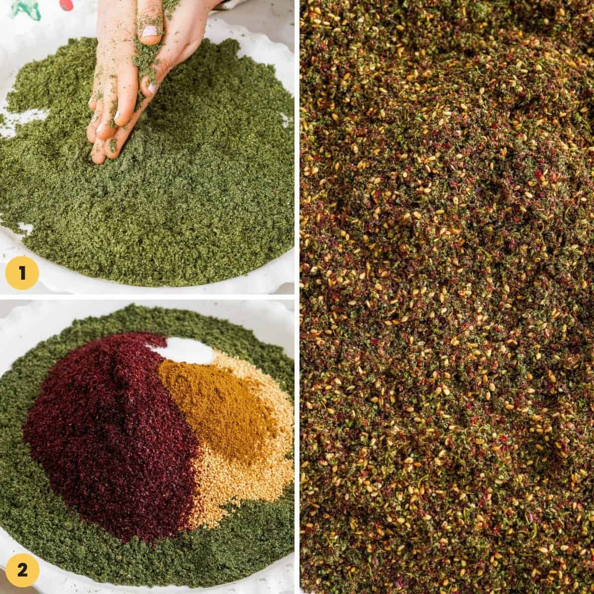 Collage of 3 images showing how to make za'atar spice blend