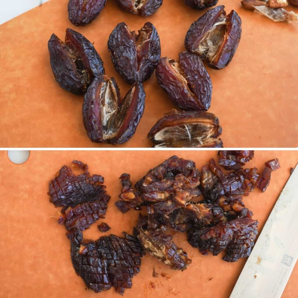 two photos showing how to pit and chop dates.