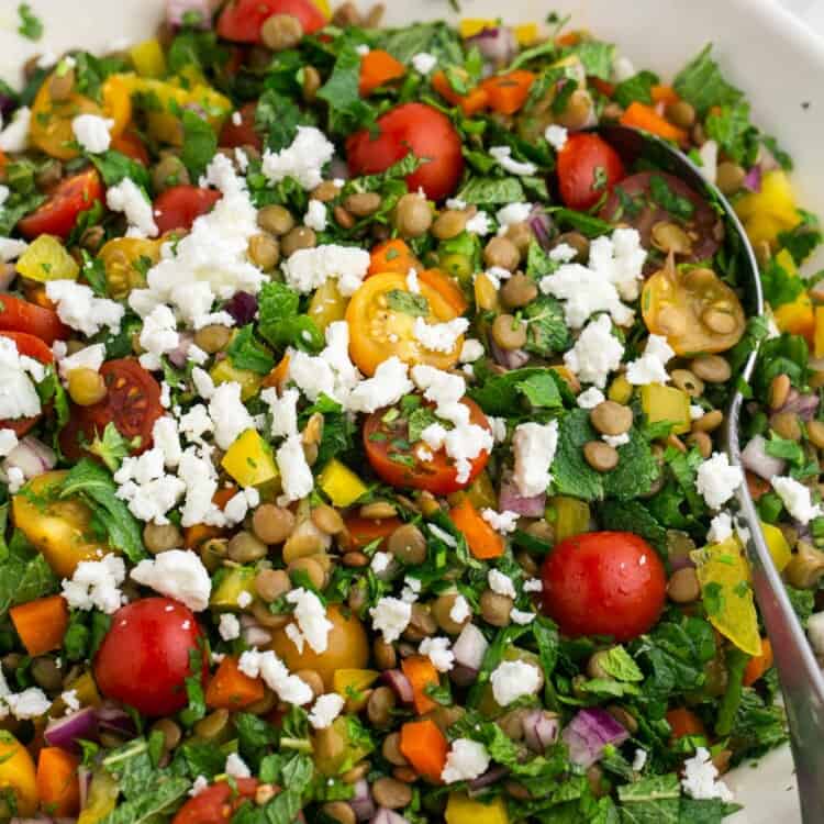 lentil salad with tomatoes, feta, herbs, in a bowl with a serving spoon.
