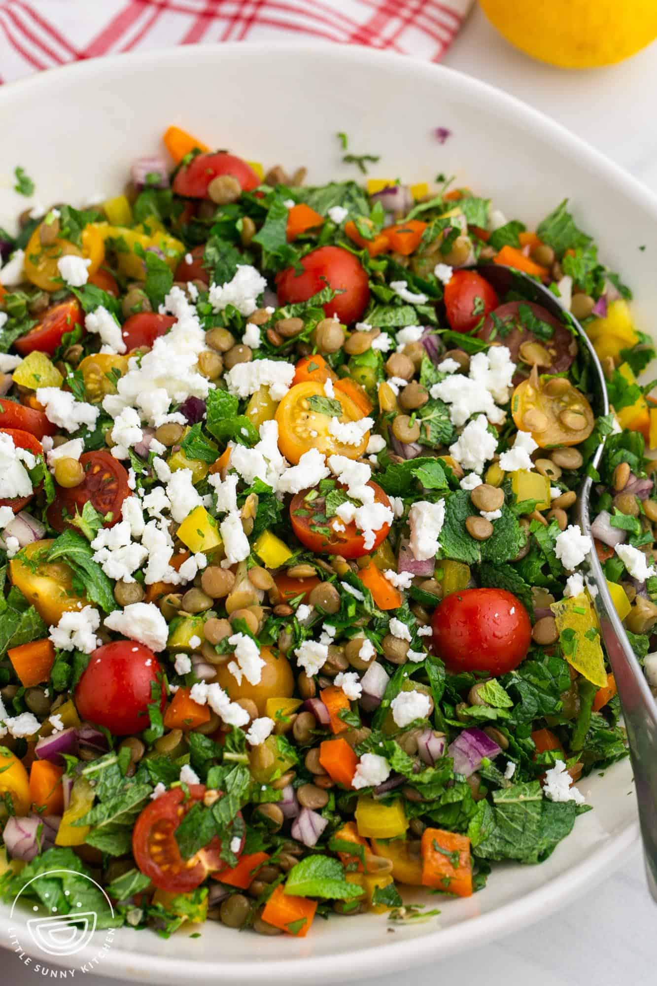 lentil salad with tomatoes, feta, herbs, in a bowl with a serving spoon.