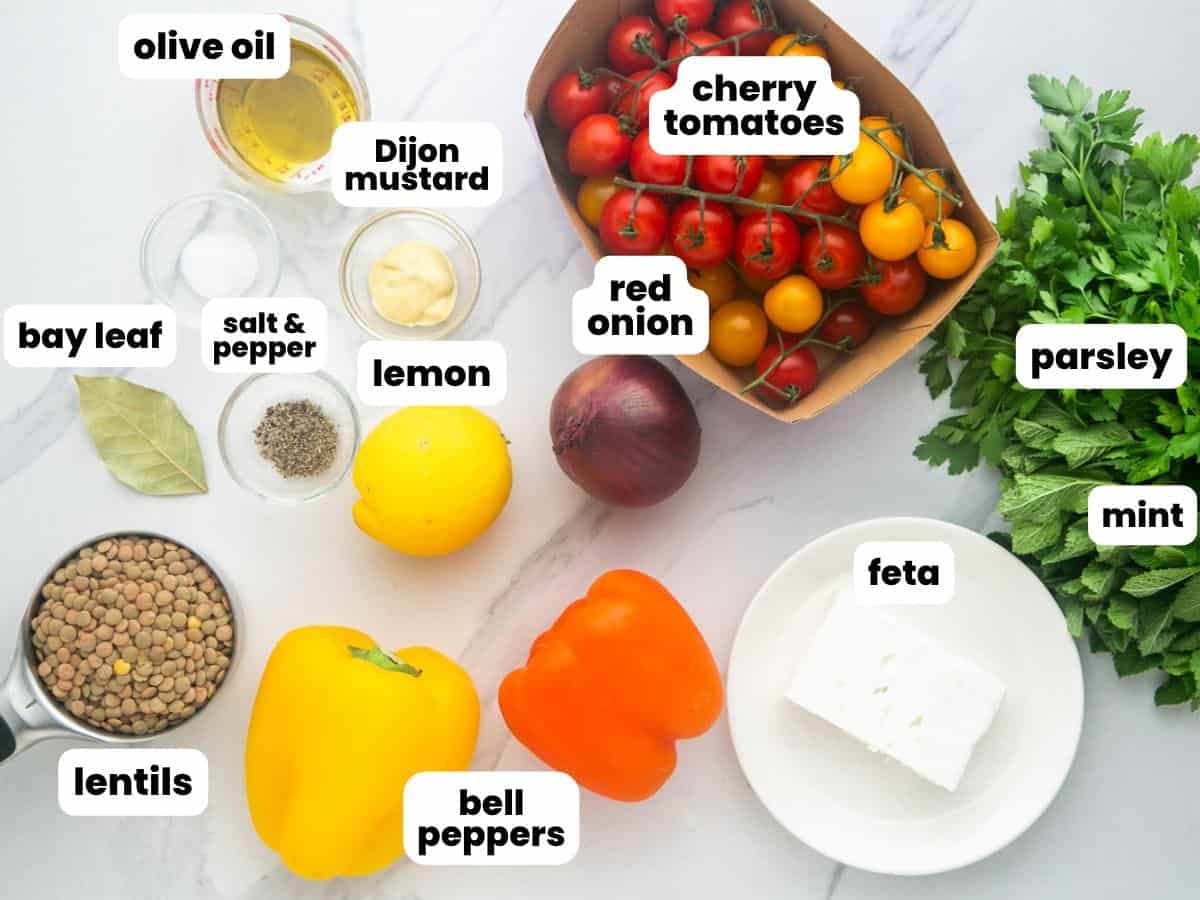 The ingredients needed to make lentil salad, inlcuding tomatoes, feta, and peppers