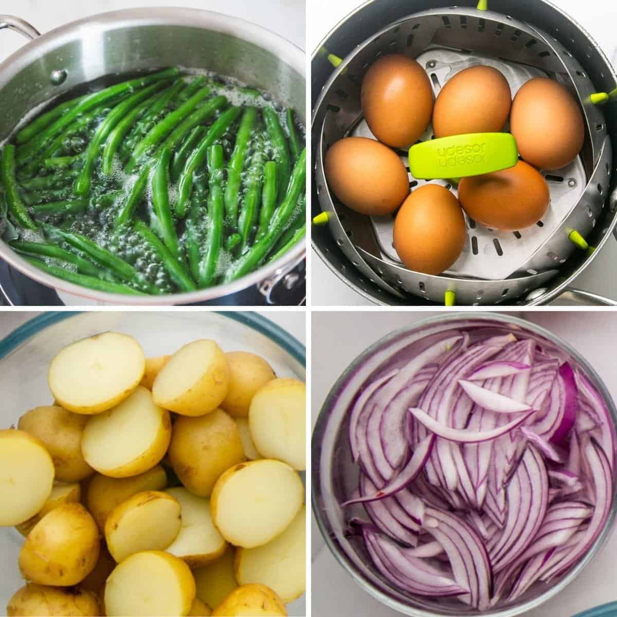 a collage of images showing how to prep the ingredients for nicoise salad