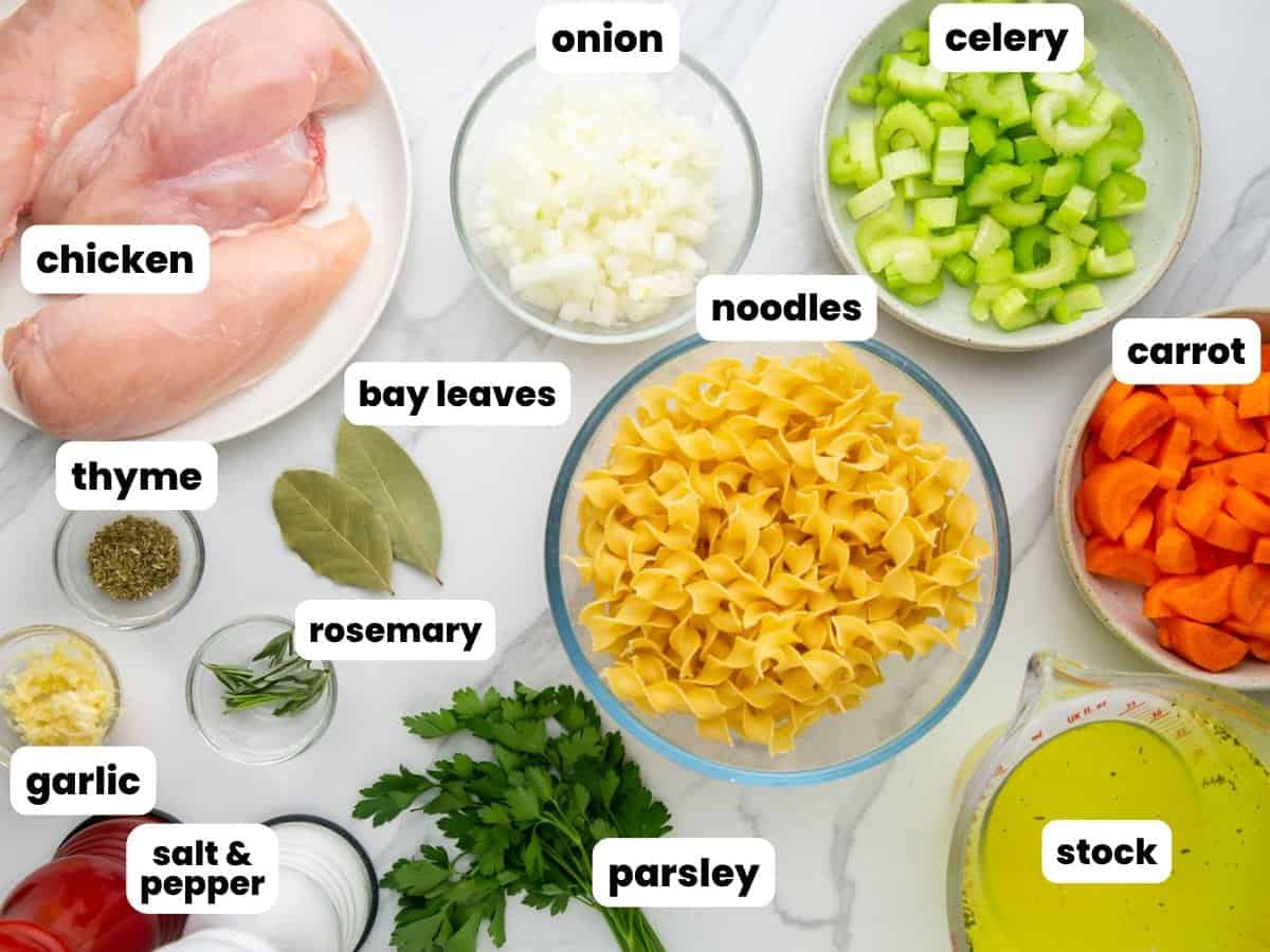 The ingredients in slow cooker chicken noodle soup including chicken breasts, noodles, stock, and veggies, all measured out into separate containers and labeled with text overlays.