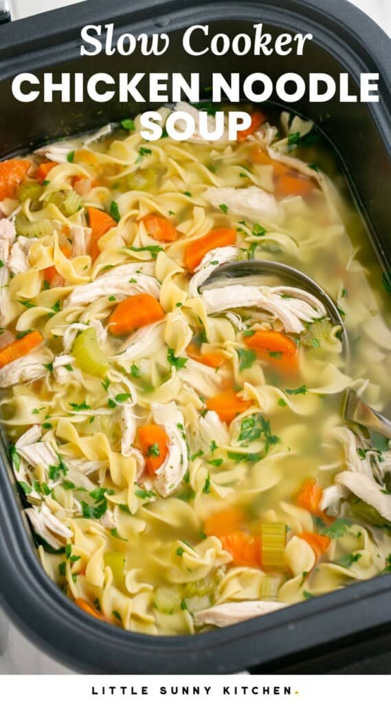 homemade chicken noodle soup in a rectangle slow cooker. Text overlay reads, "slow cooker chicken noodle soup"