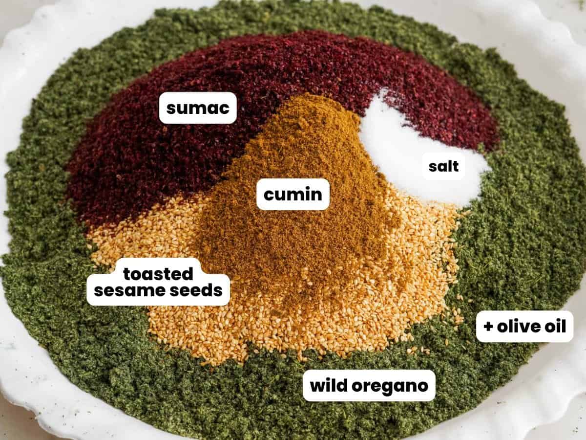 Ingredients needed to make zaatar spice blend including oregano, sumac, cumin, sesame seeds, and salt.