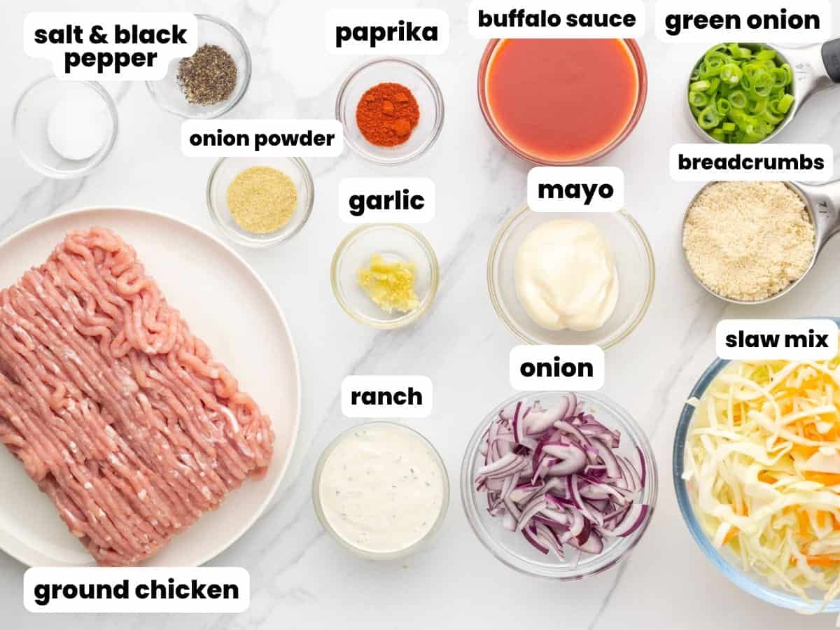The ingredients needed to make buffalo chicken burgers.
