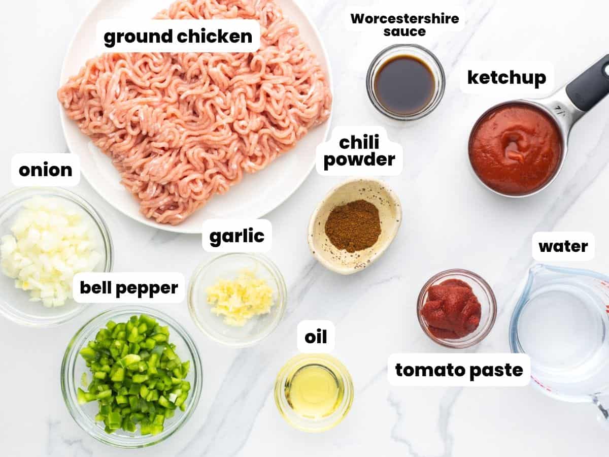 The ingredients needed to make ground chicken sloppy joes with homemade sauce.