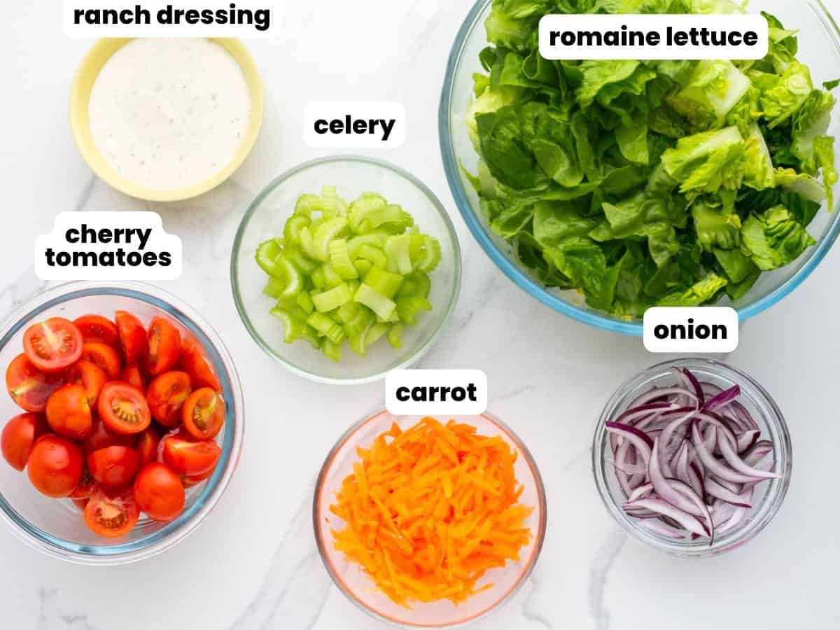 A bowl of chopped romaine lettuce next to small bowls of chopped red onion, cherry tomatoes, celery, carrots, and ranch dressing.