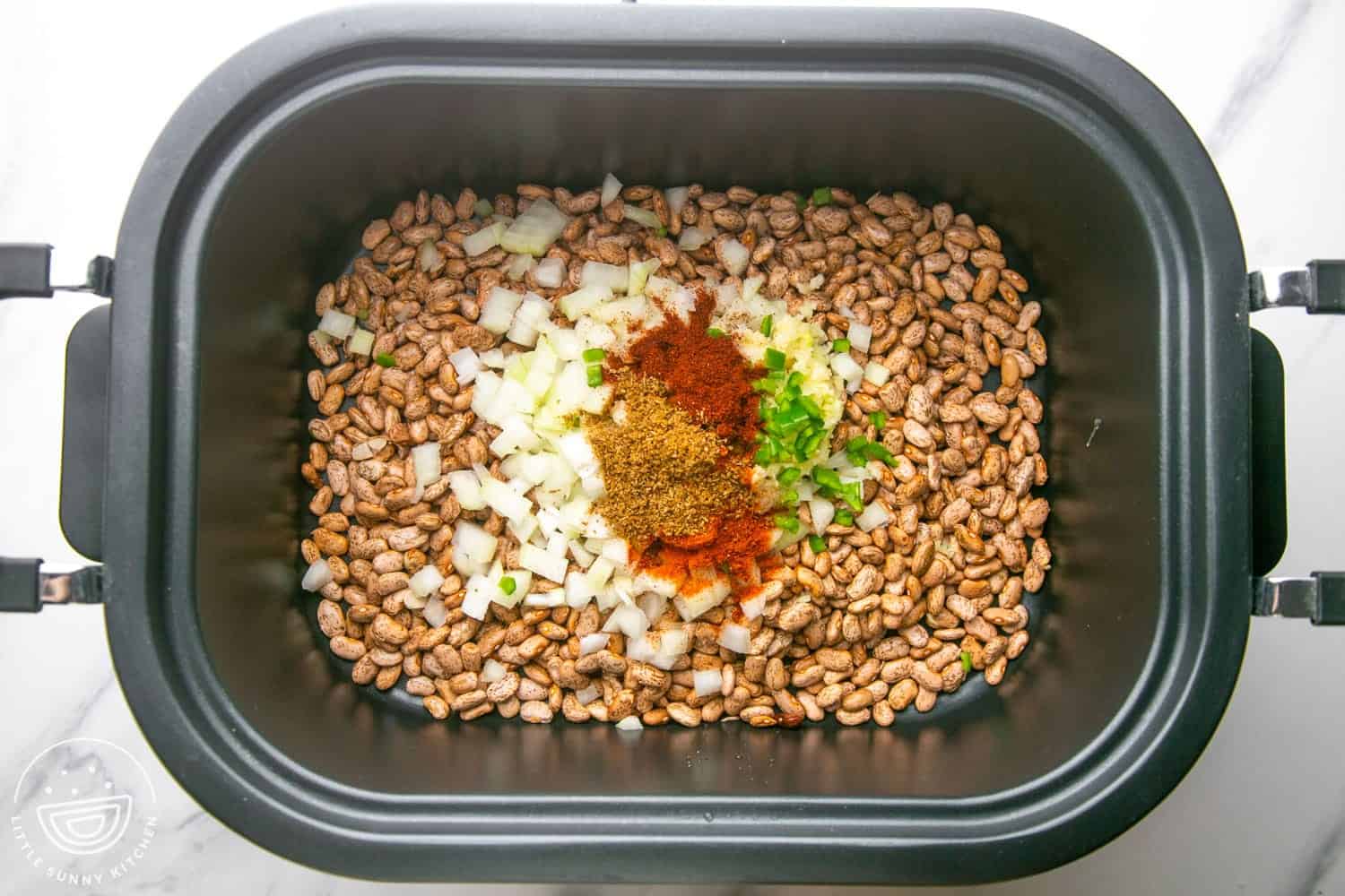 Overhead shot of pinto beans and seasonings in a crockpot