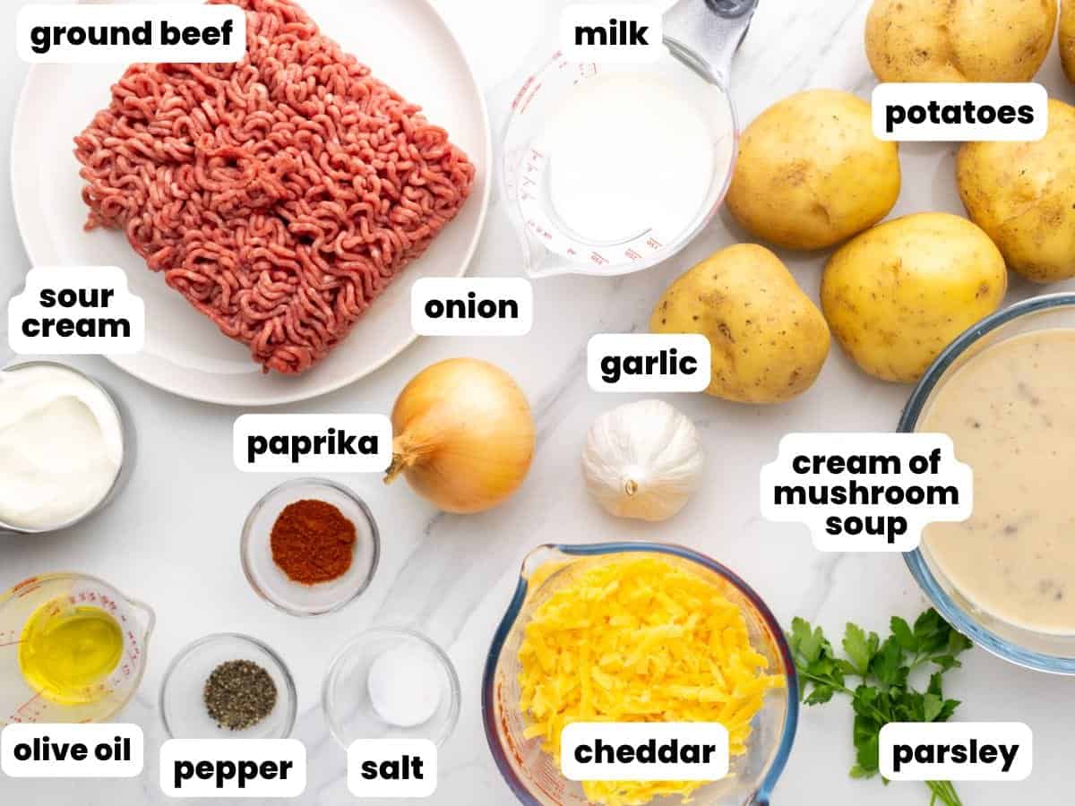 The ingredients for potato casserole with ground beef and cheese, arranged on a counter and labeled with text overlays