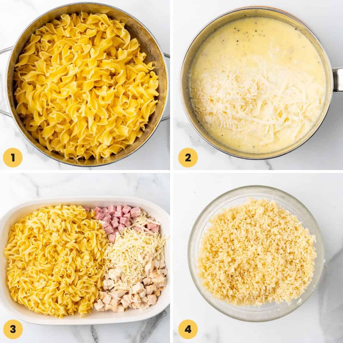 Collage of four images showing how to make a chicken cordon bleu casserole