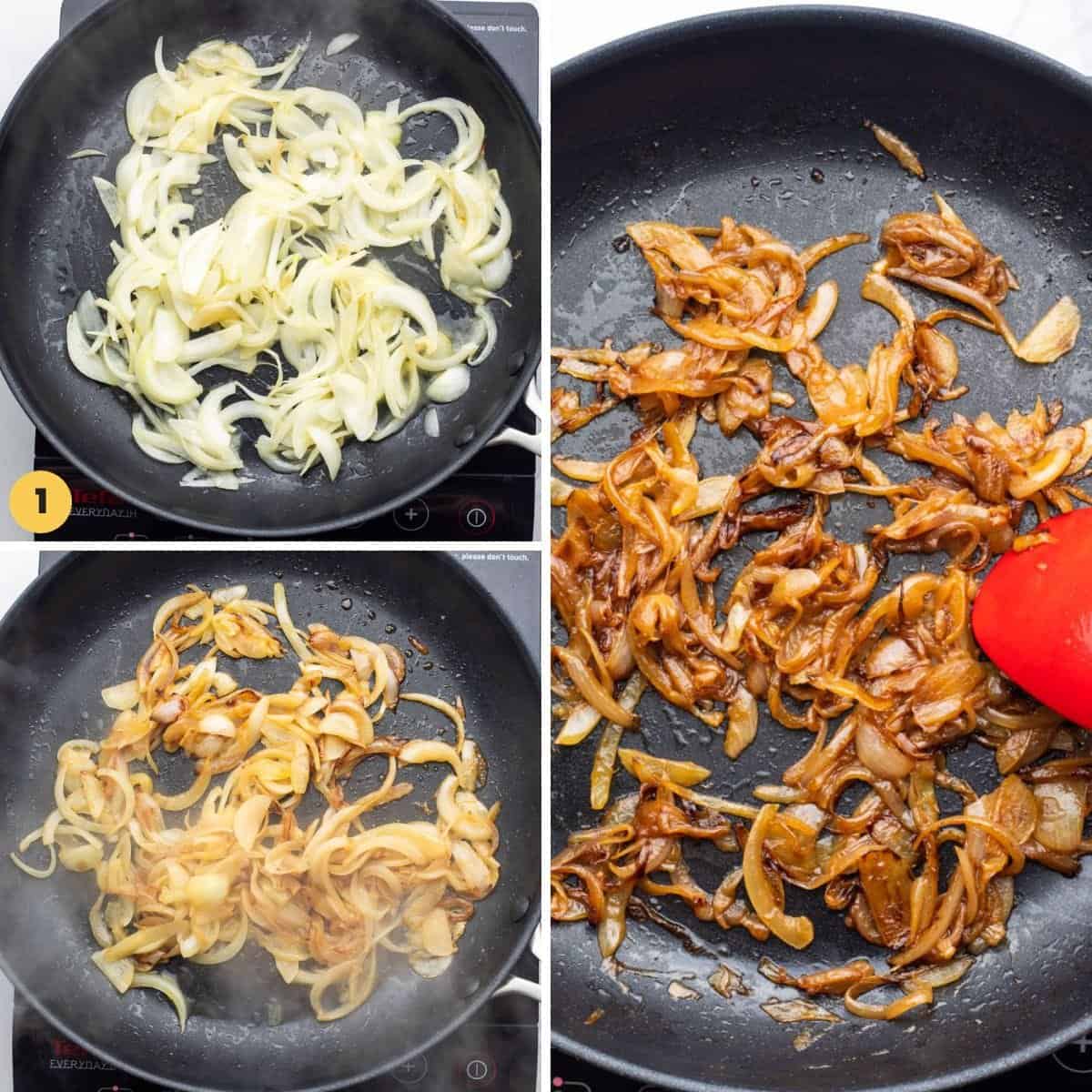 a collage of three photos showing the process of caramelizing onions in a nonstick skillet.