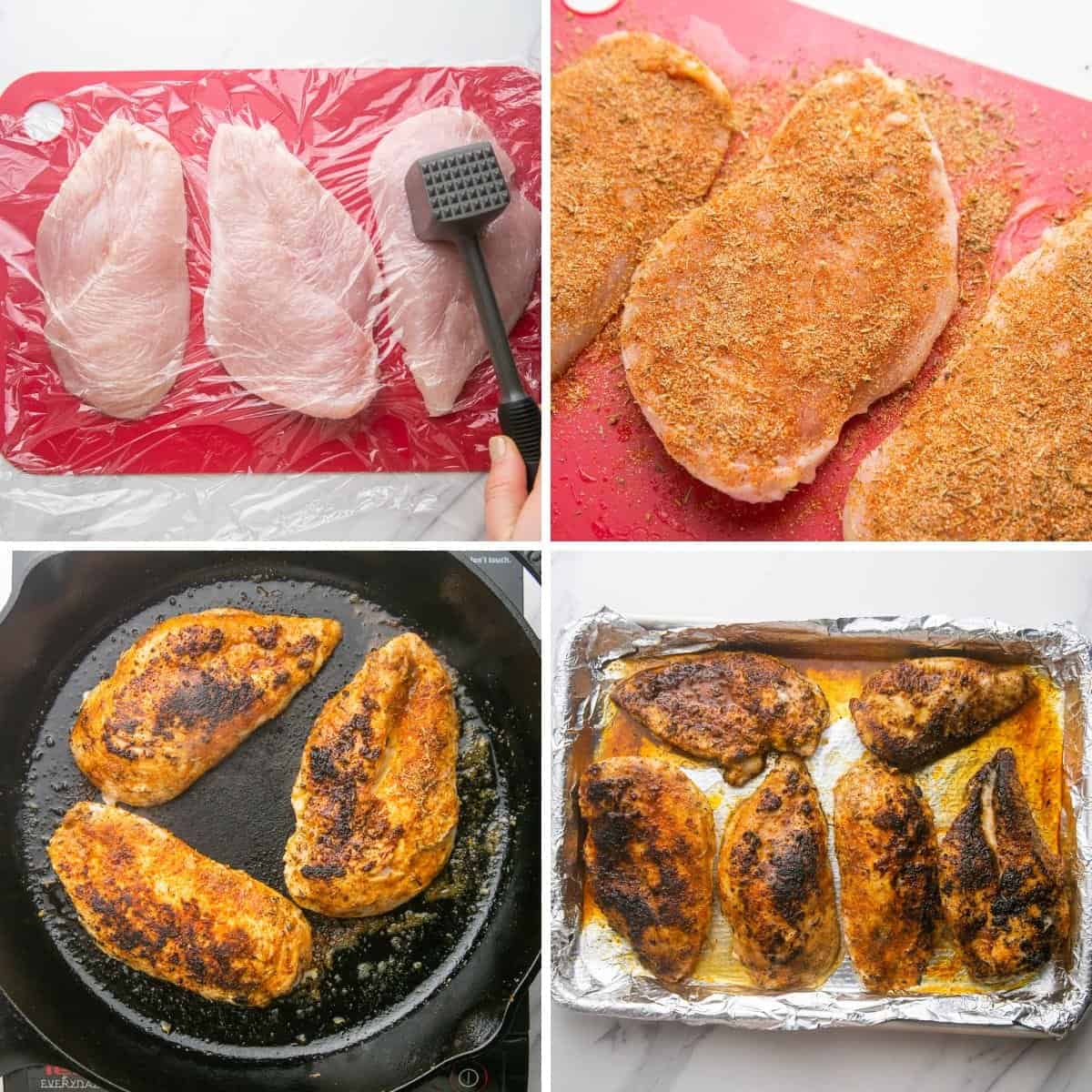Collage of four images showing how to make blackened chicken