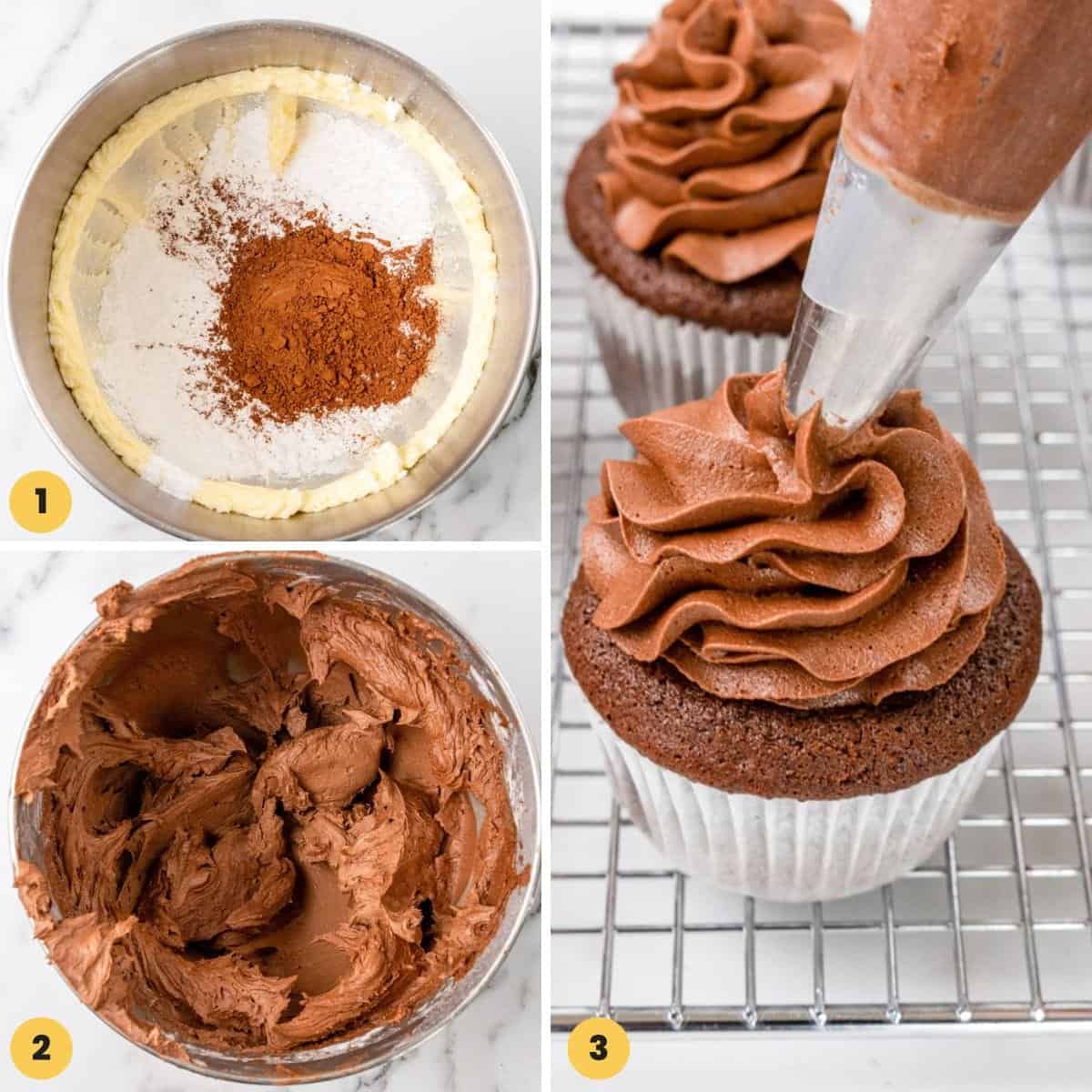 Collage of 3 images showing how to make chocolate frosting and frost cupcakes