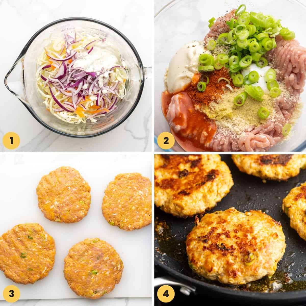 a collage of four images showing how to cook chicken burgers on the stove.