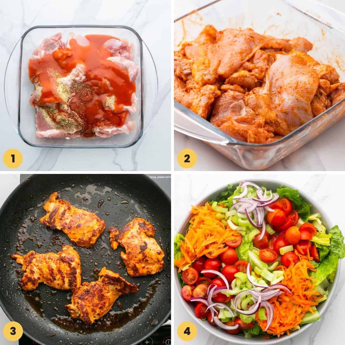 A collage of four images showing how to pan-fry buffalo chicken thighs and make a salad with them.