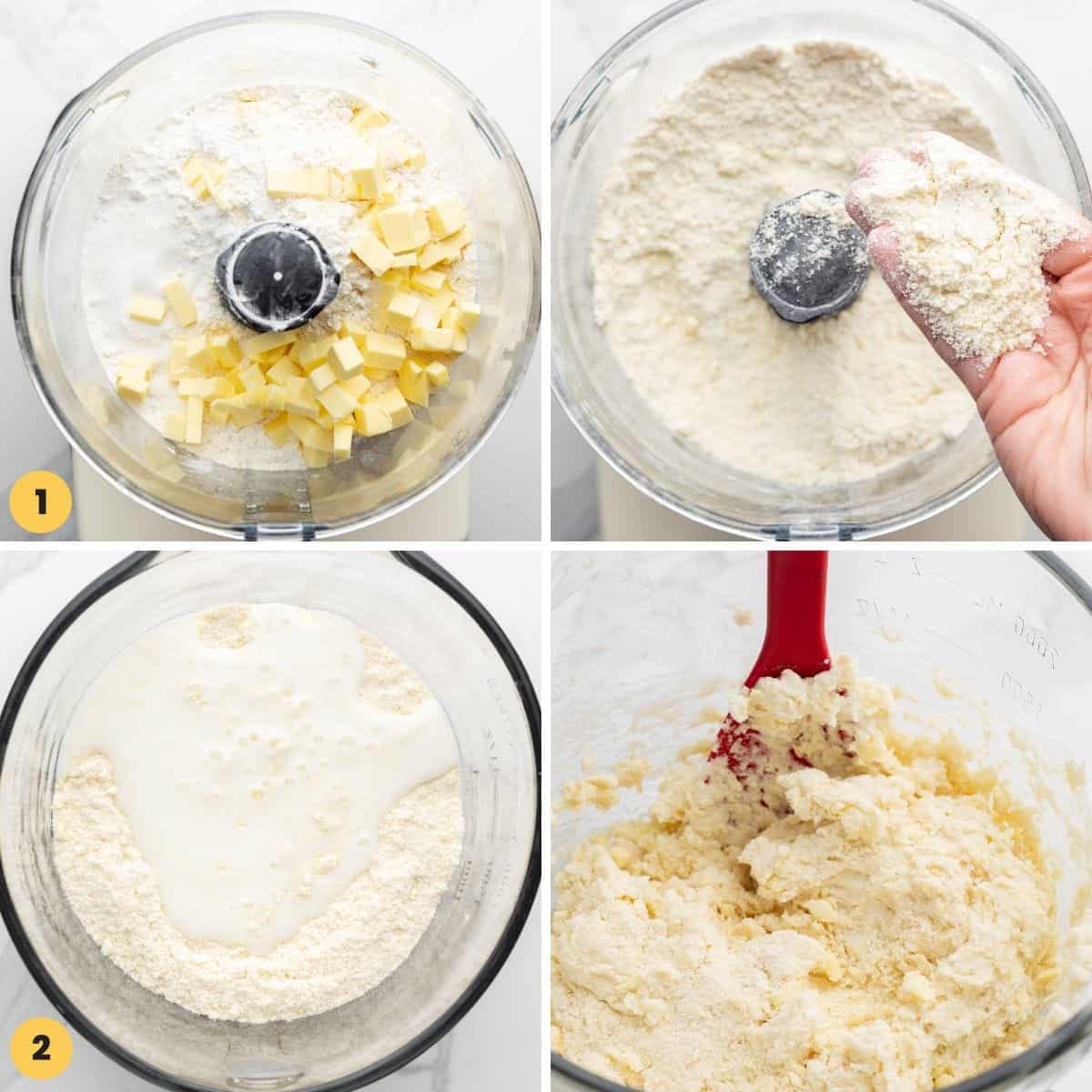 a collage of four images showing how to make buttermilk biscuit dough in a food processor.