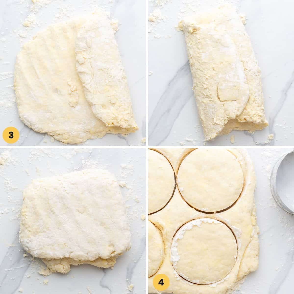 a collage of four images showing how to roll, fold, and cut dough for biscuits.