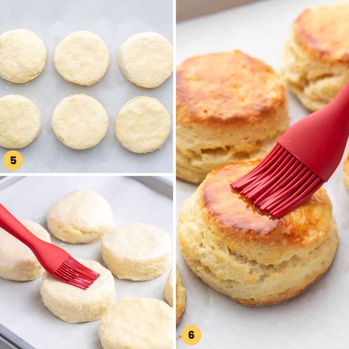 a collage of three images showing how to bake butter milk biscuits and brush them with butter.
