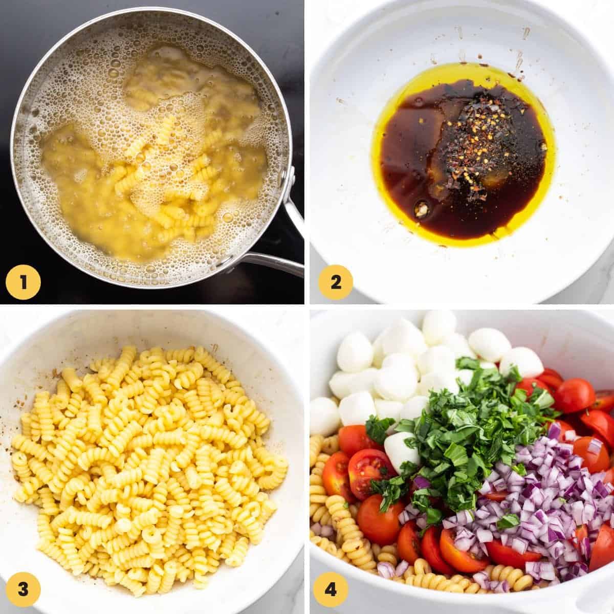 a collage of four images showing how to make pasta salad caprese