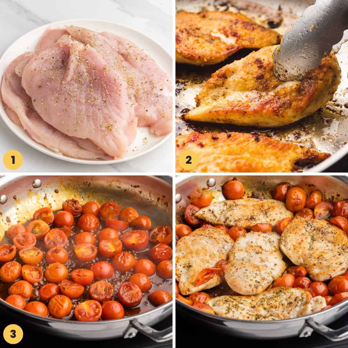 a collage of four images showing how to cook chicken and cherry tomatoes for chicken caprese in a skillet.