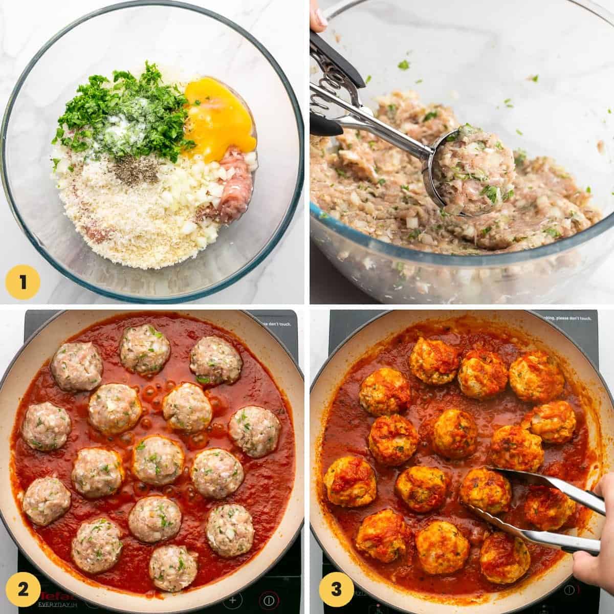 A collage of four images showing how to make chicken parm meatballs and cook them in marinara sauce.