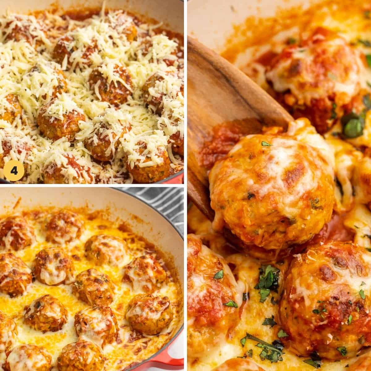 a collage of three images showing how to add mozzarella cheese to the top of a skillet of meatballs.