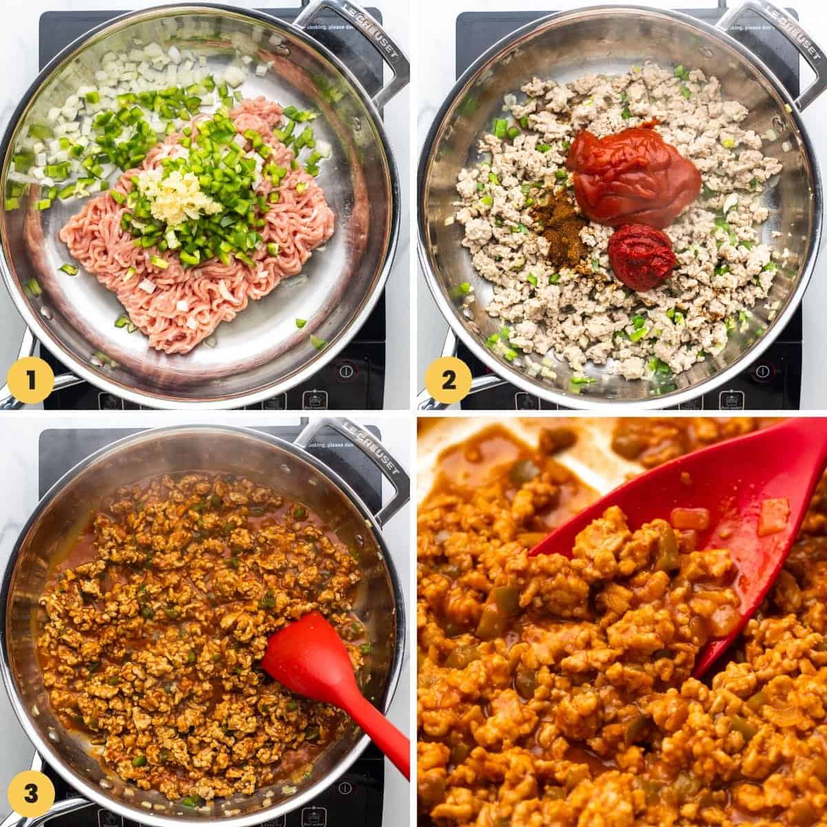 a collage of four images showing how to make homemade chicken sloppy joes filing.