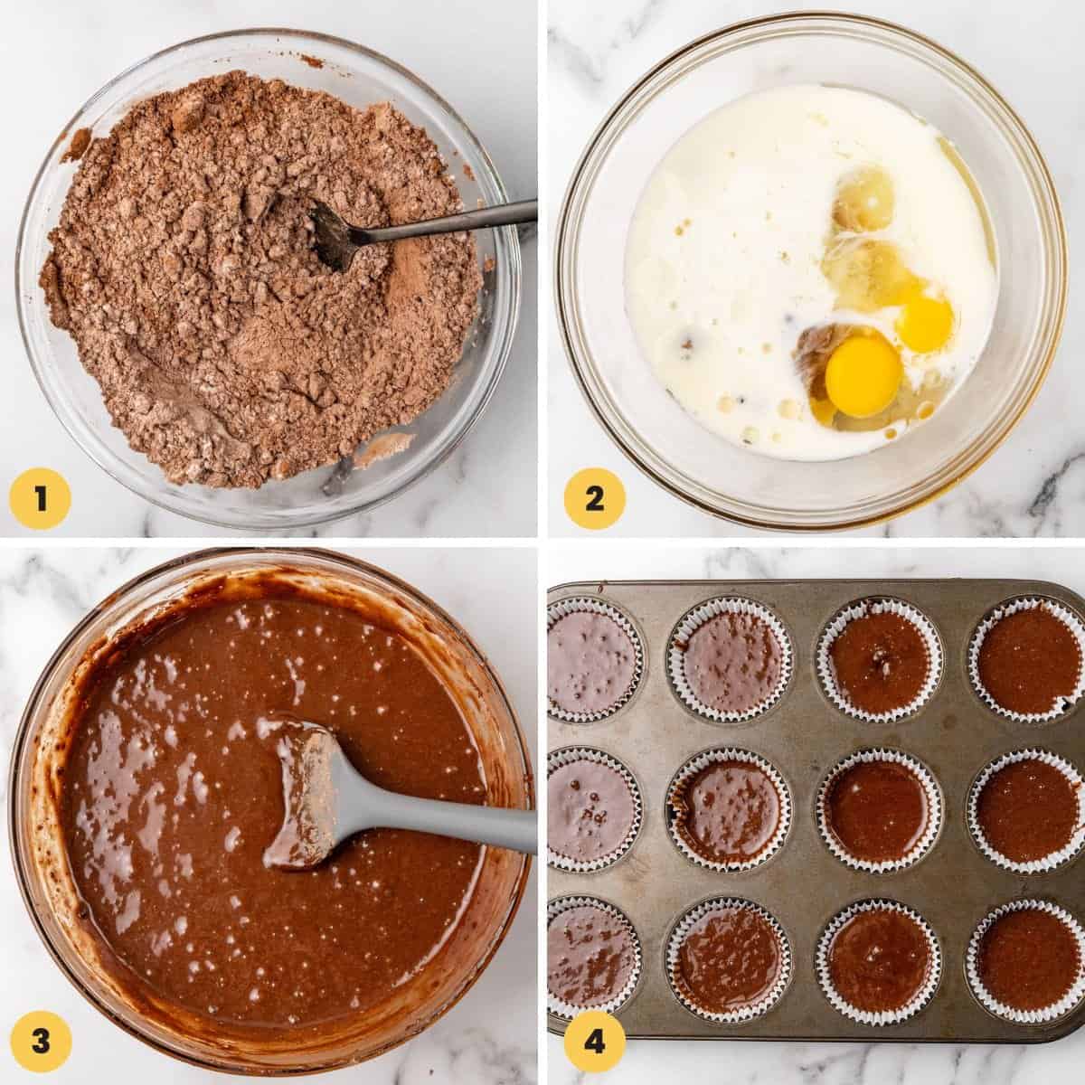 Collage of four images showing how to make chocolate cupcakes