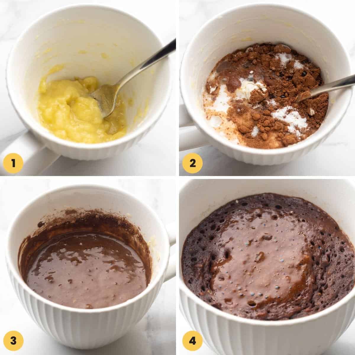 Collage of four images showing how to make chocolate lava mug cake