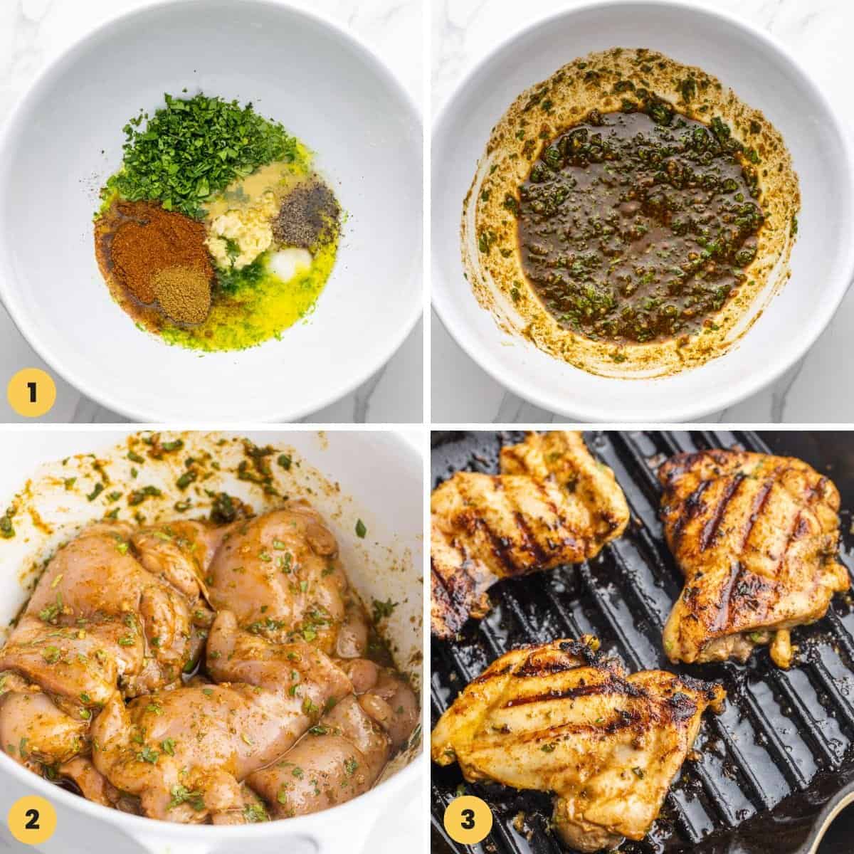 A collage of four images showing how to make cilantro lime marinated grilled chicken.