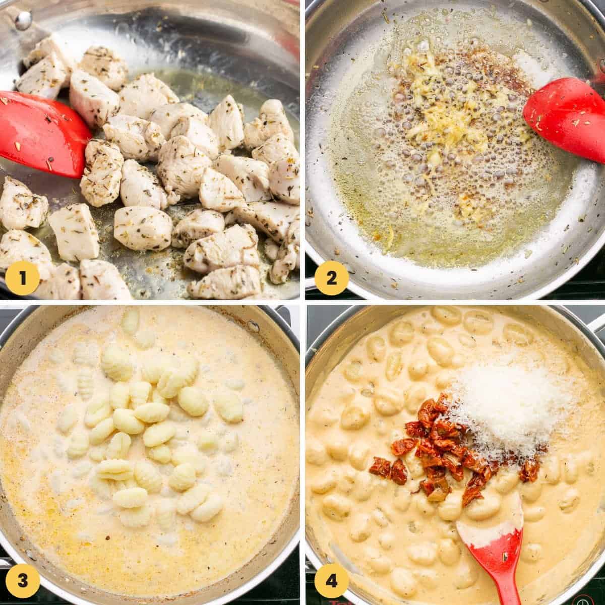 a collage of four images showing how to cook chicken bites and make a creamy sauce with gnocchi.