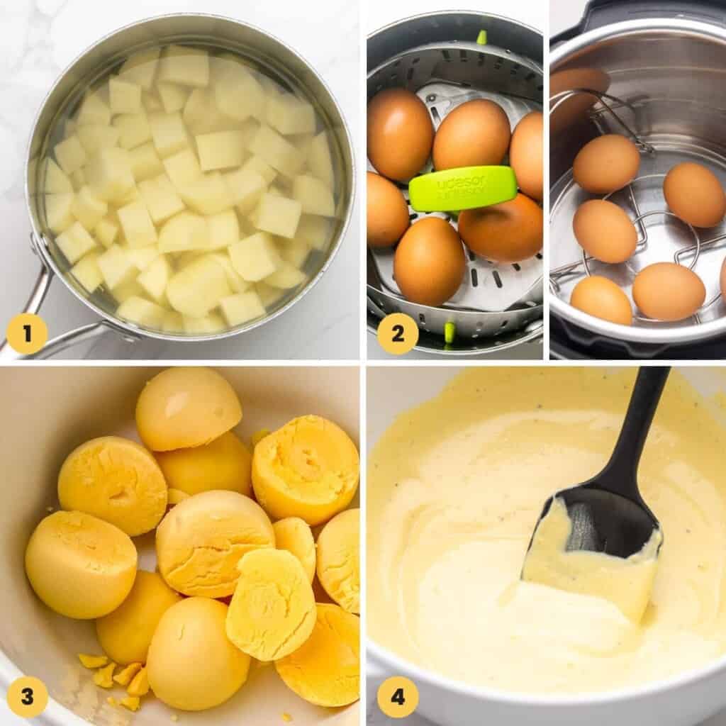 four numbered images showing how to cook eggs and potatoes for potato salad.