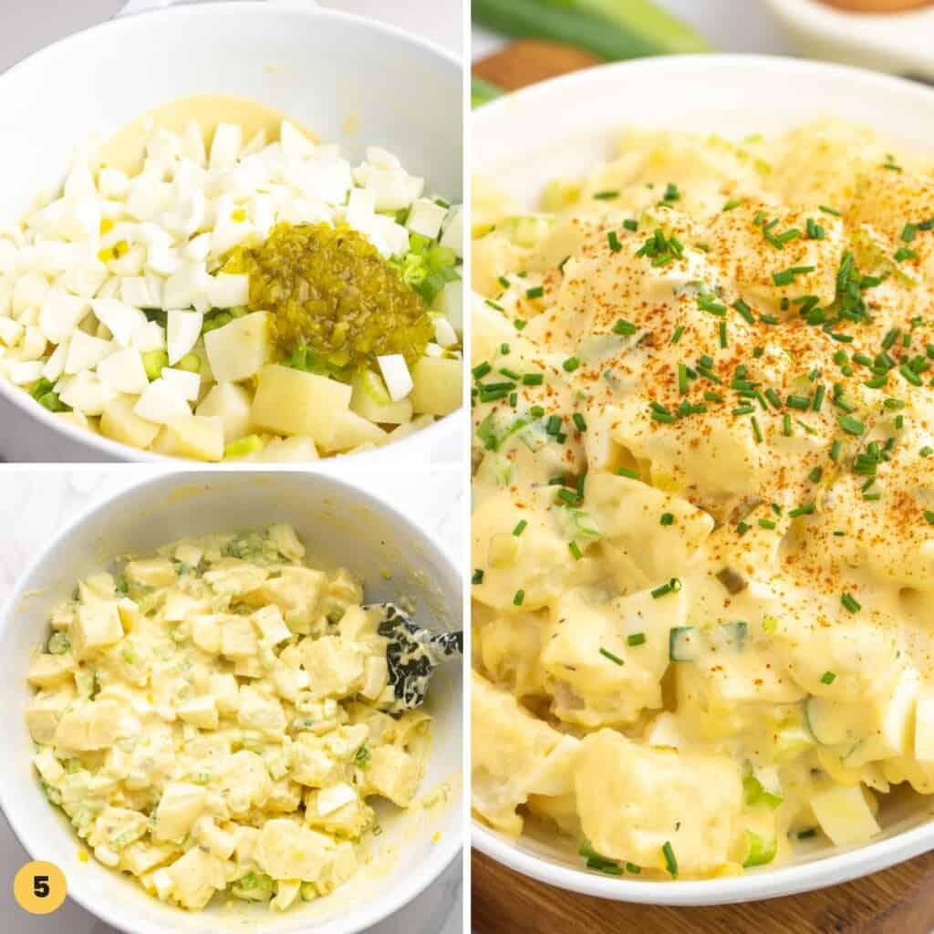 a collage of three images showing how to mix up deviled egg potato salad