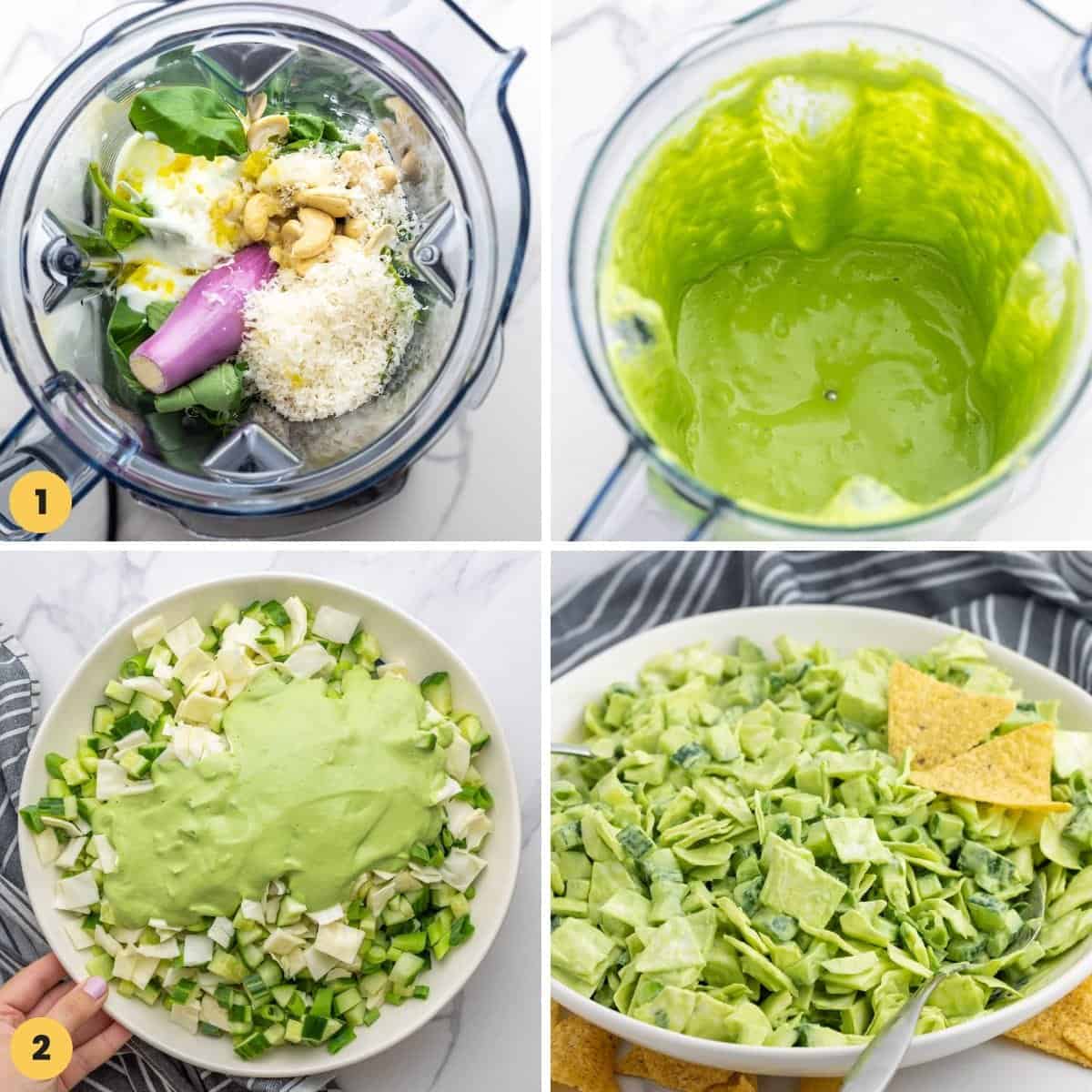Collage of four images showing how to make the green goddess salad