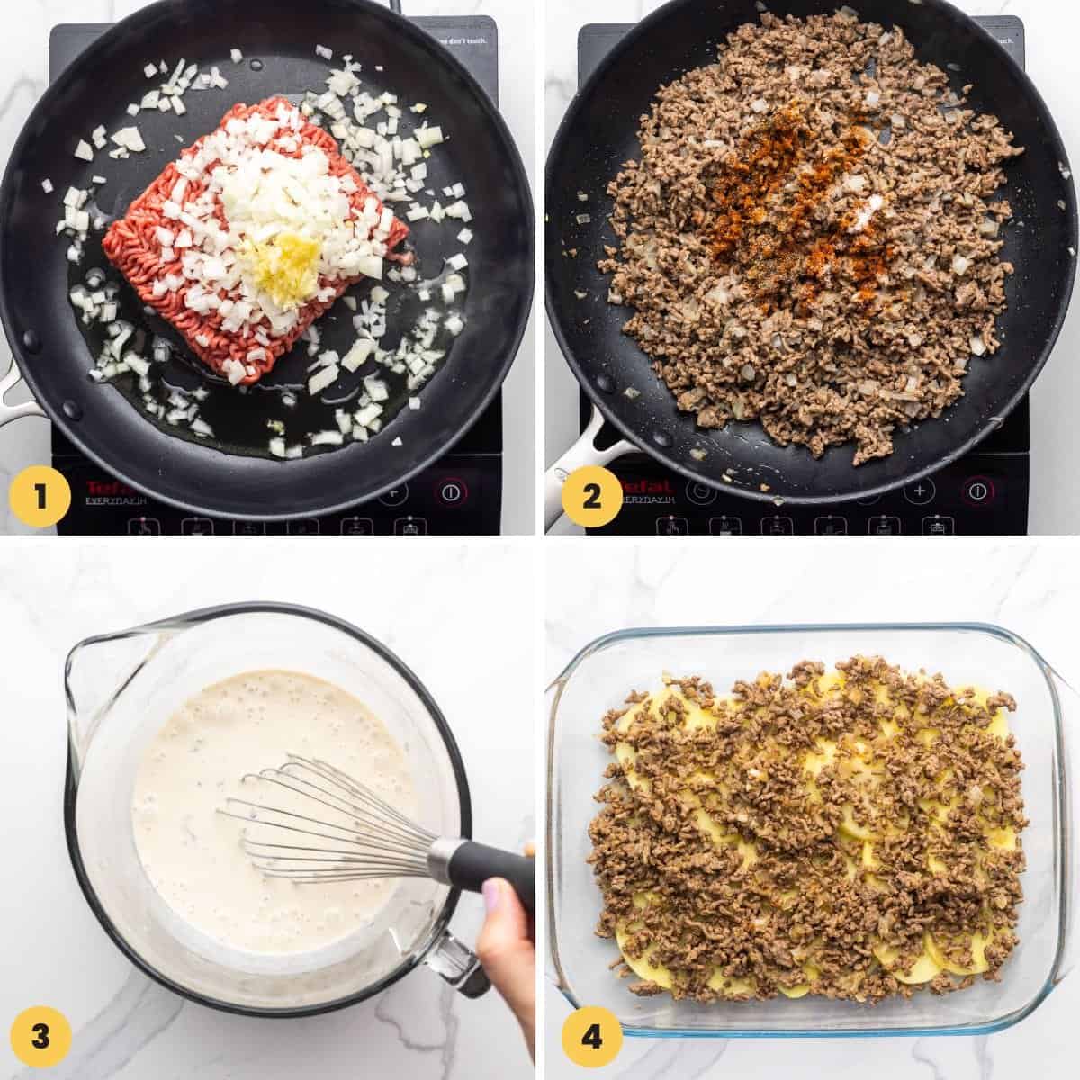 a collage of four images showing how to make meat and sauce for hamburger potato casserole.