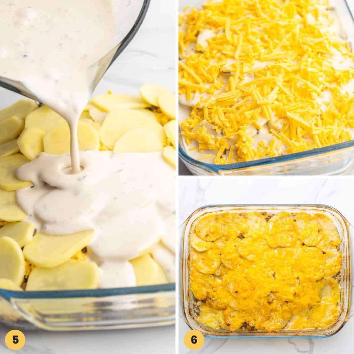 a collage of three images showing how to layer and bake sliced potatoes to make hamburger casserole.