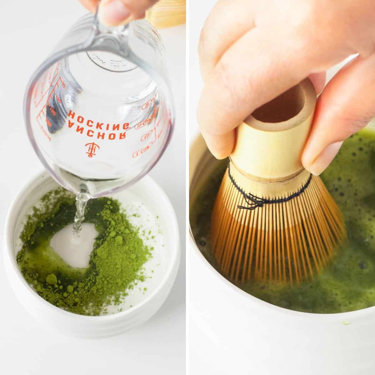 Collage of two images showing how to make matcha paste and whisking it with a bamboo chasen