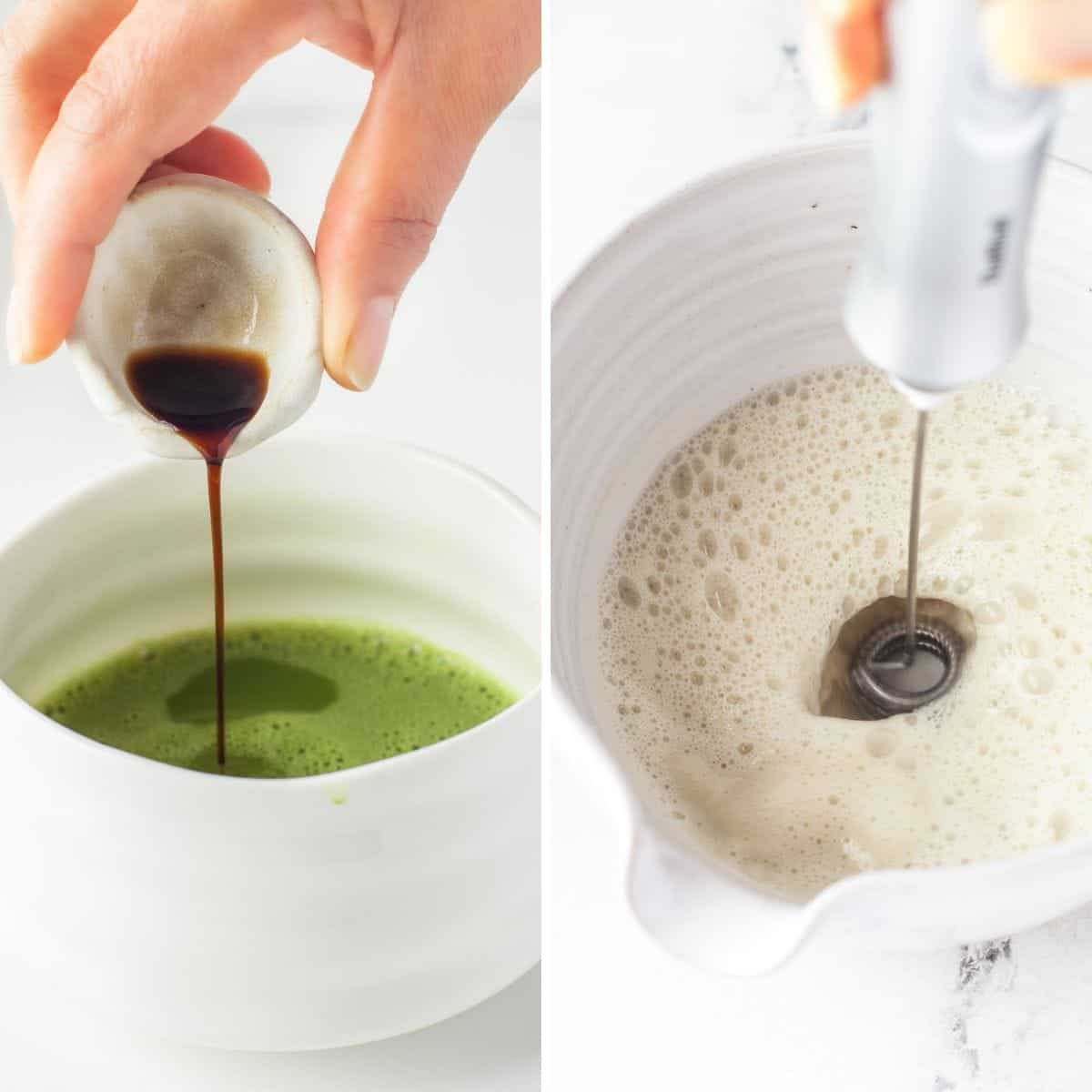 Collage of 2 images showing how to add flavoring to the matcha, and froth the milk with an electric frother