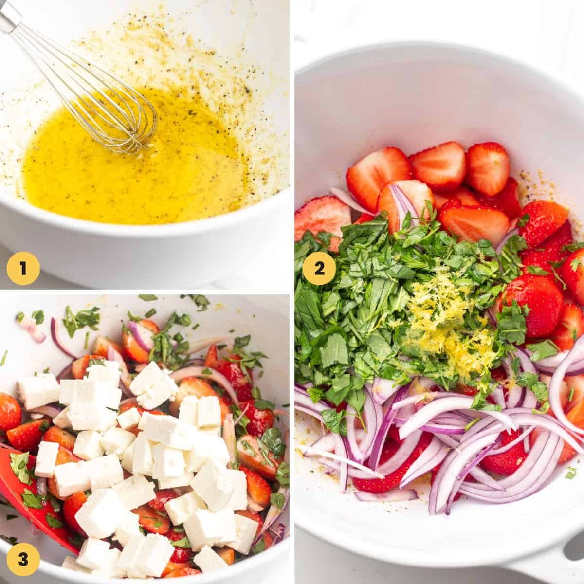 Collage of 3 images showing how to make strawberry feta salad