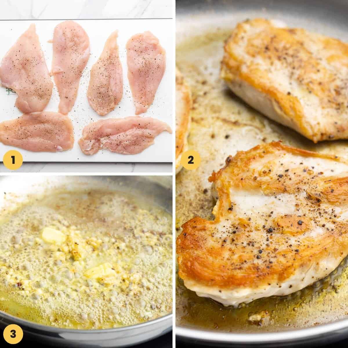 a collage of three images showing how to pan sear chicken cutlets in a stainless steel skillet.