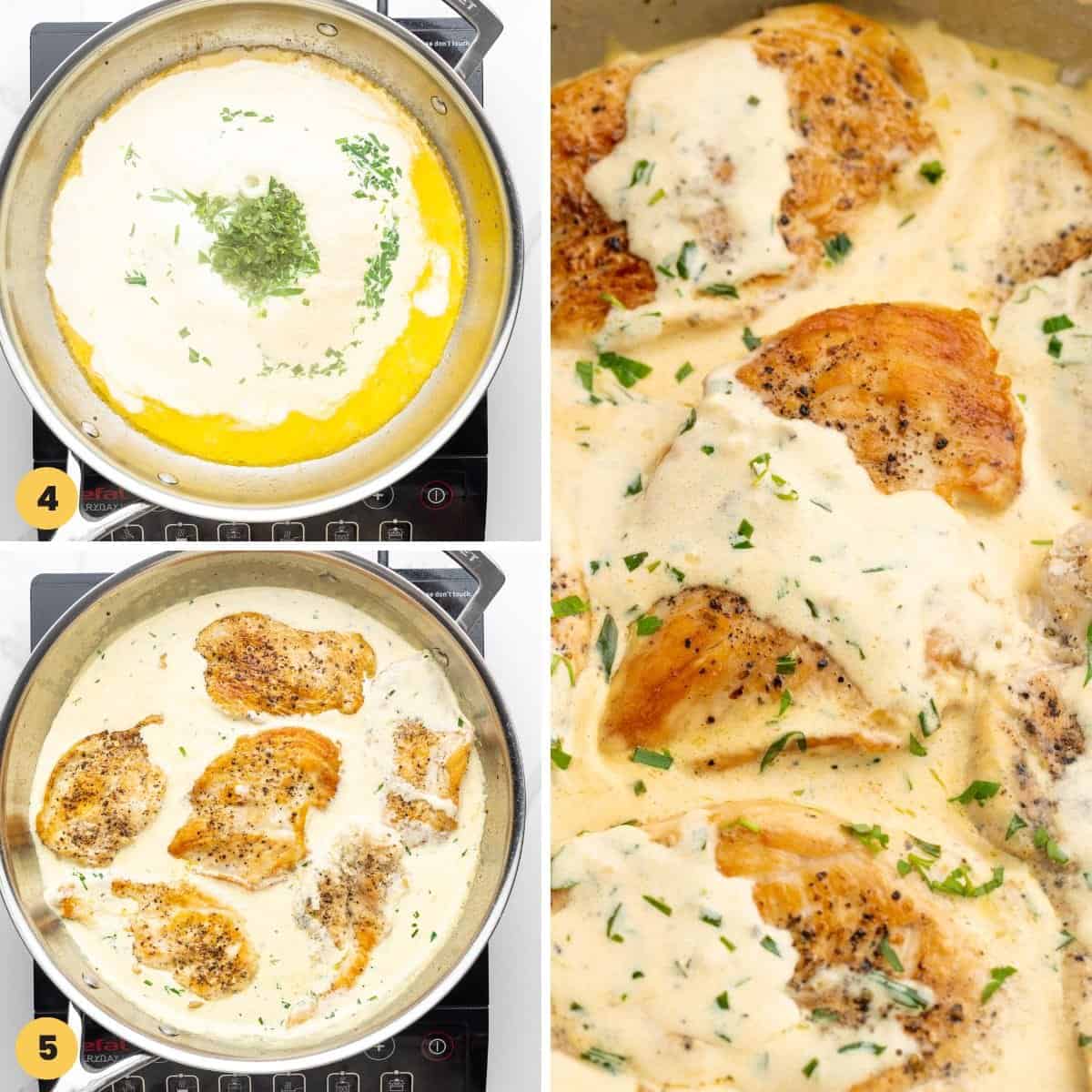 a collage of three images showing how to make tarragon cream sauce for chicken.