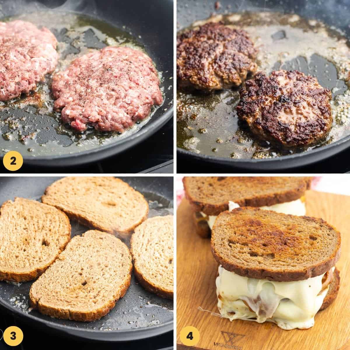 a collage of four images showing how to make burgers into patty melts on rye bread.