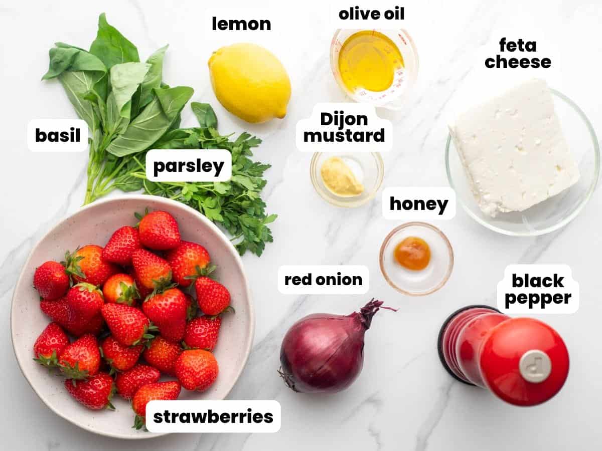 Ingredients needed to make strawberry feta salad