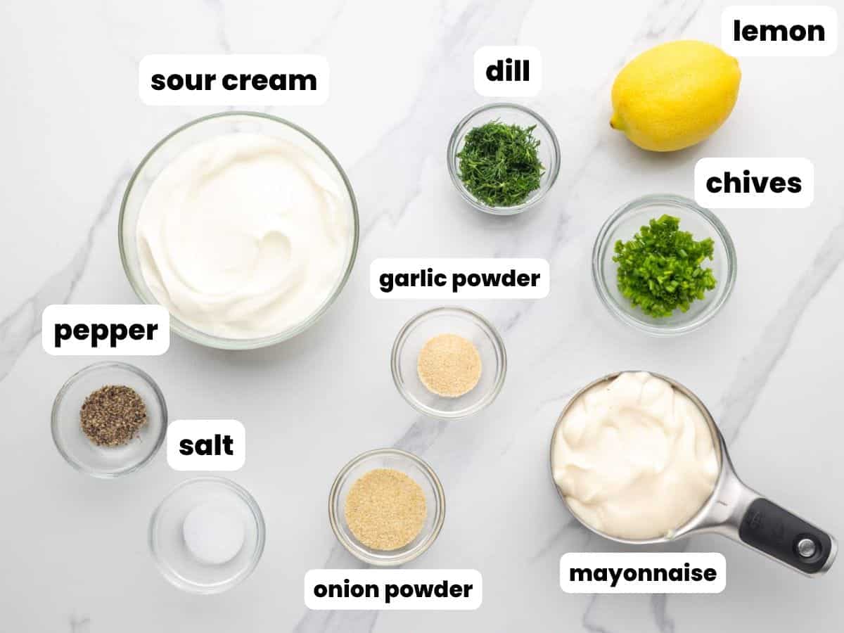 The ingredients needed to make an easy homemade creamy veggie dip.