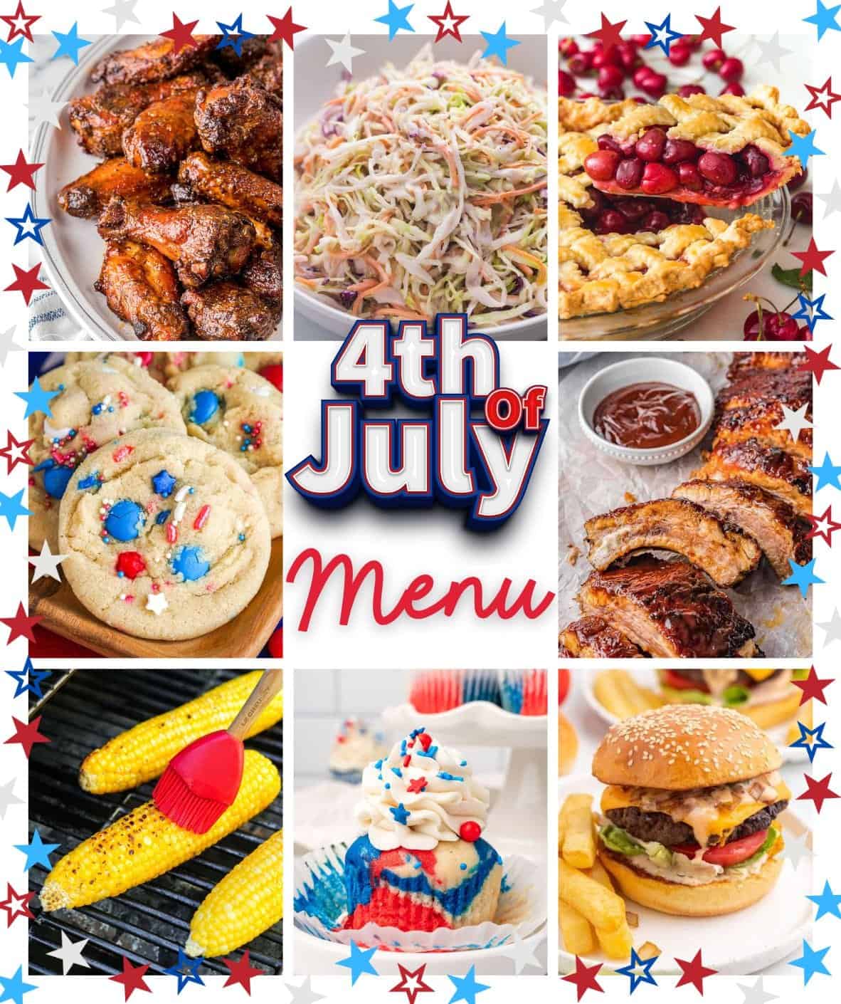 Collage of 9 images of 4th of july recipes, and overlay text that says "4th of july menu"