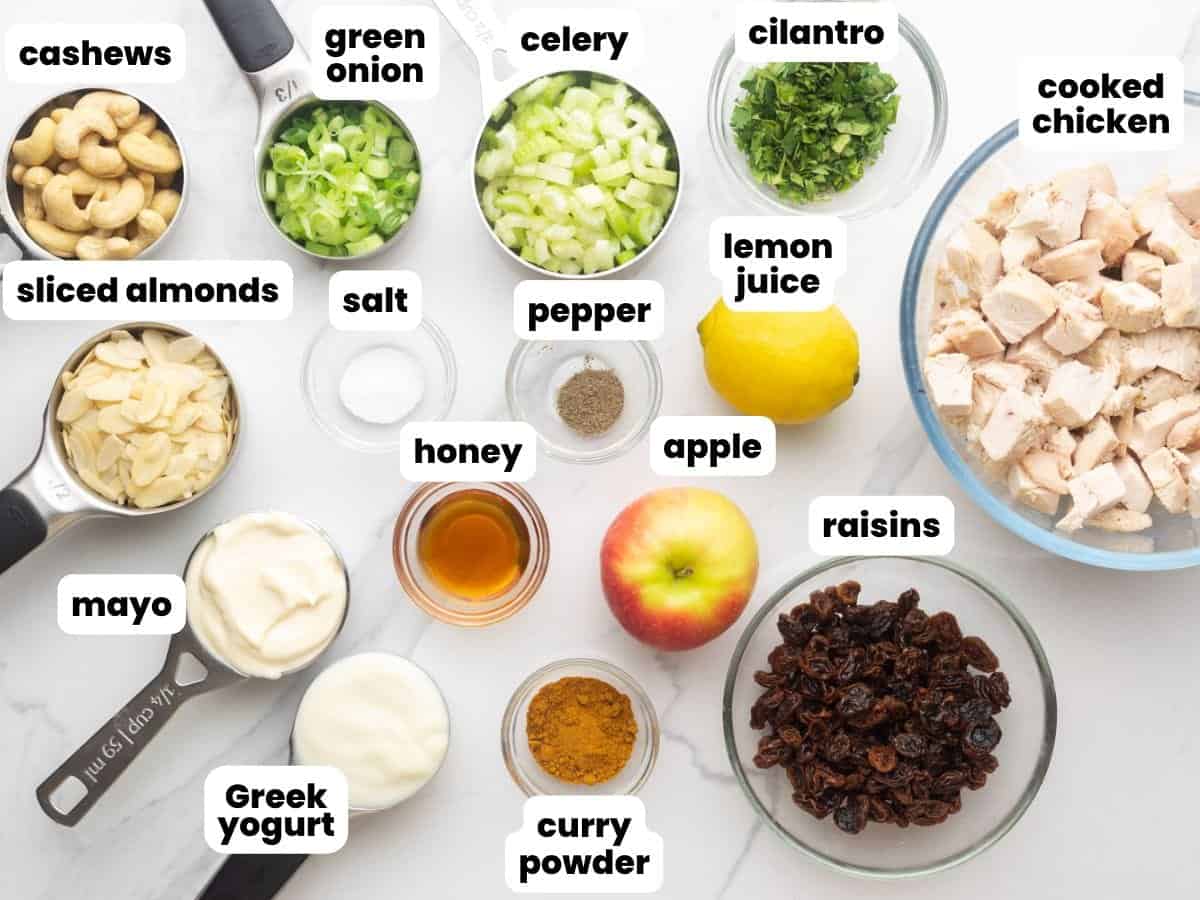 The ingredients needed to make curry chicken salad with apples and raisins.