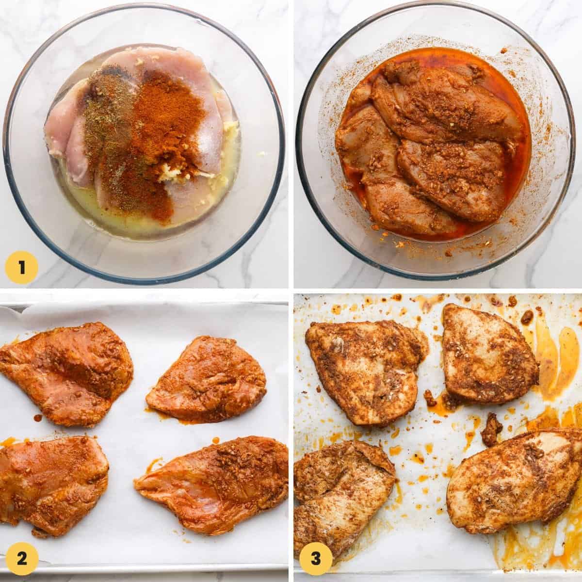 A collage of four images showing how to marinate and cook chicken shawarma.