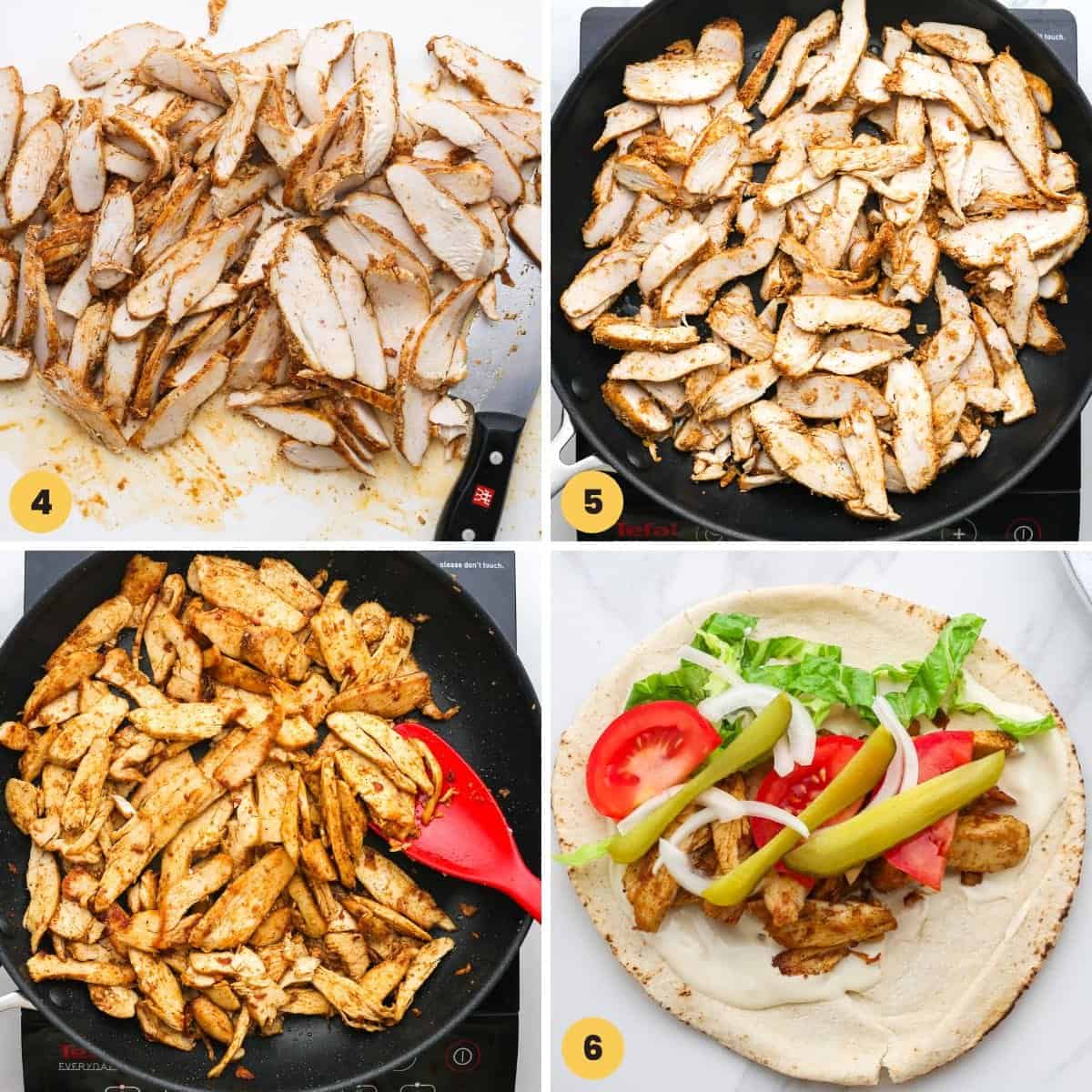 A collage of four images showing how to slice and season chicken shawarma and add it to a pita wrap.