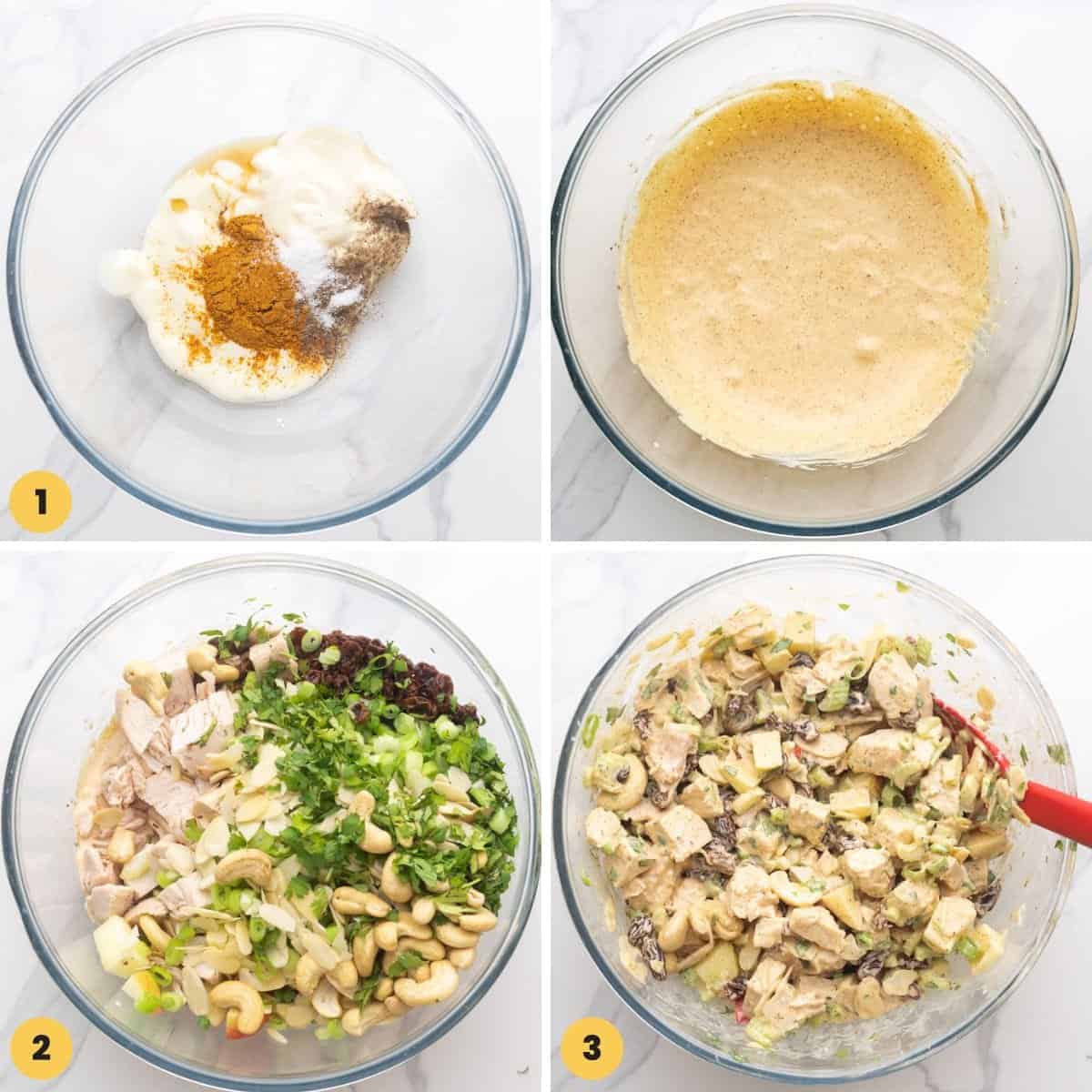 a collage of four images showing how to make curry chicken salad in one bowl. 